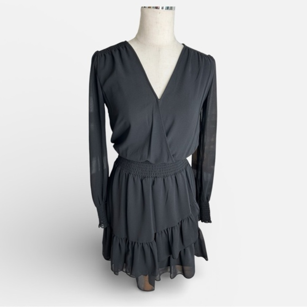 Michael Kors Black Chiffon Smocked Ruffle Mini Dress Long Sleeve LBD Size XS